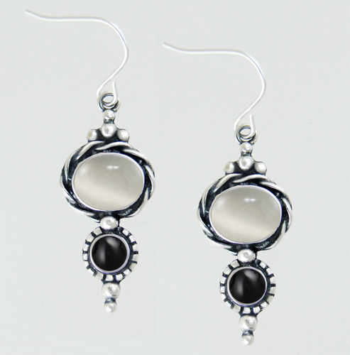 Sterling Silver Drop Dangle Earrings With White Moonstone And Black Onyx